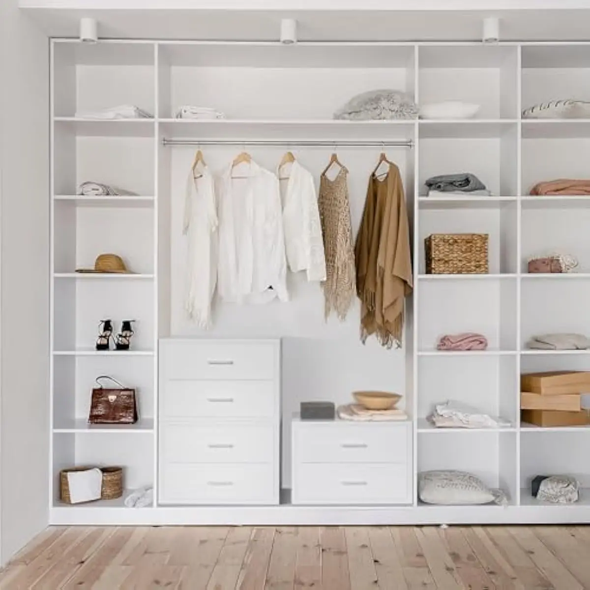 Stackable Fabric Storage Units with Metal Frame and Wooden Top | Two-Tier White Drawer System for Bedroom Closet Organization |