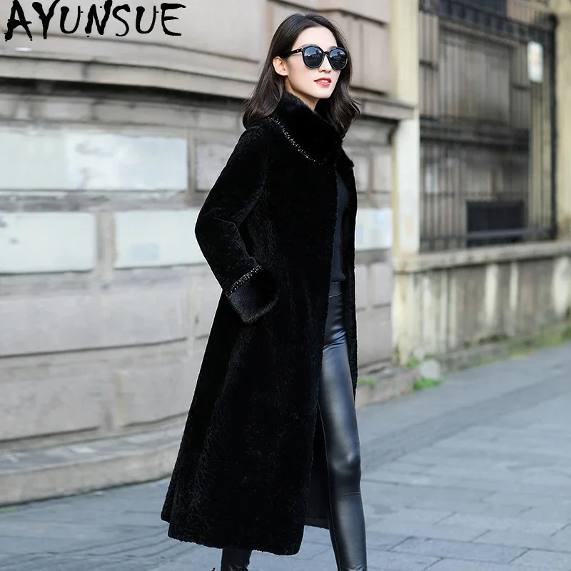 

AYUNSUE Real Wool Fur Coat Female Mink Fur Collar Sheep Shearling Fur Winter Jacket Women Luxury Full Pelt Fur Long Coats MY3685