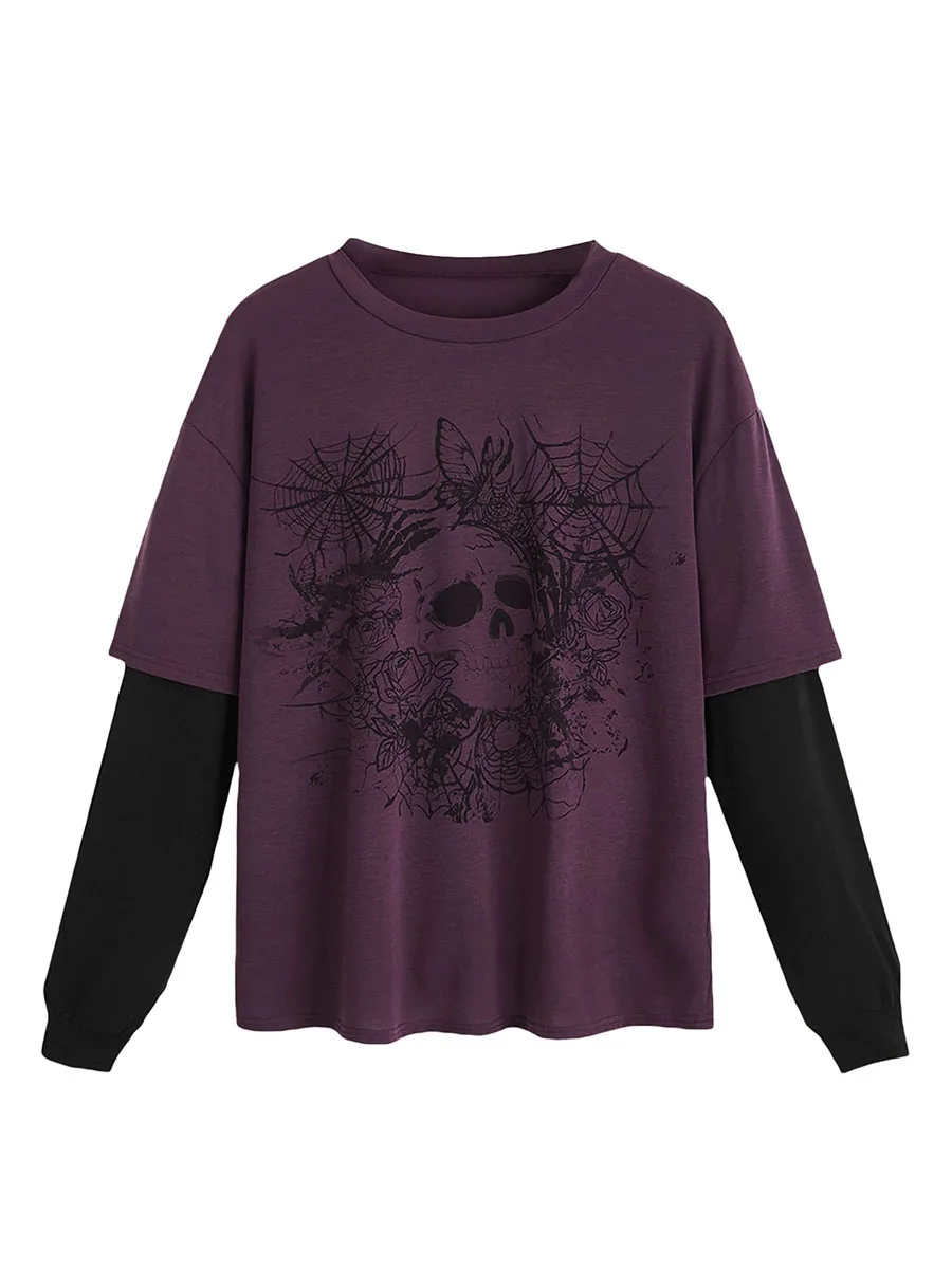 2024Spring Women's Round Neck Contrast Color Long Sleeve Pullover Tops Fashion Gothic Skull Pattern Print Casual Grunge T-Shirts