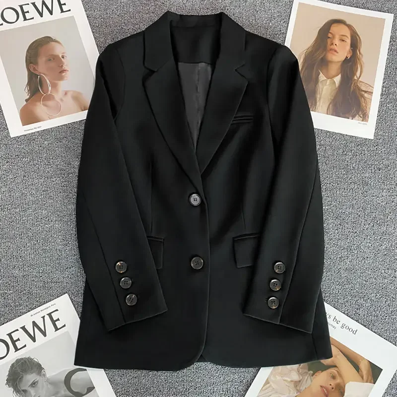 Blazer hitam mewah wanita lengan panjang, mantel hitam ukuran besar musim semi dan gugur untuk kantor wanita gaya Korea grosir Slim Fit baru