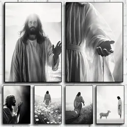 Black and White Jesus Faith Cross on Hill Poster Print Canvas Painting Modern Religious Wall Art Picture for Room Home Decor