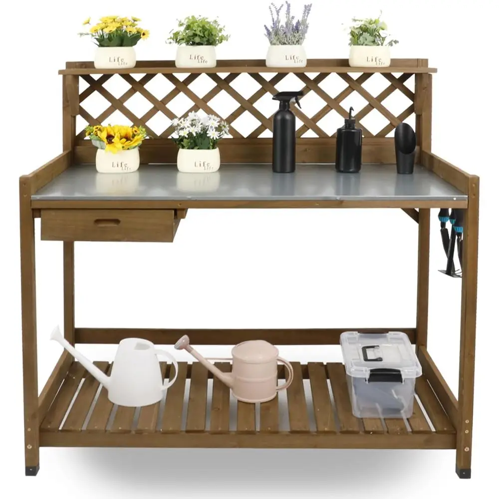 

Outdoor Wood Workbench with Metal Top, Drawers & Shelves, Natural Finish