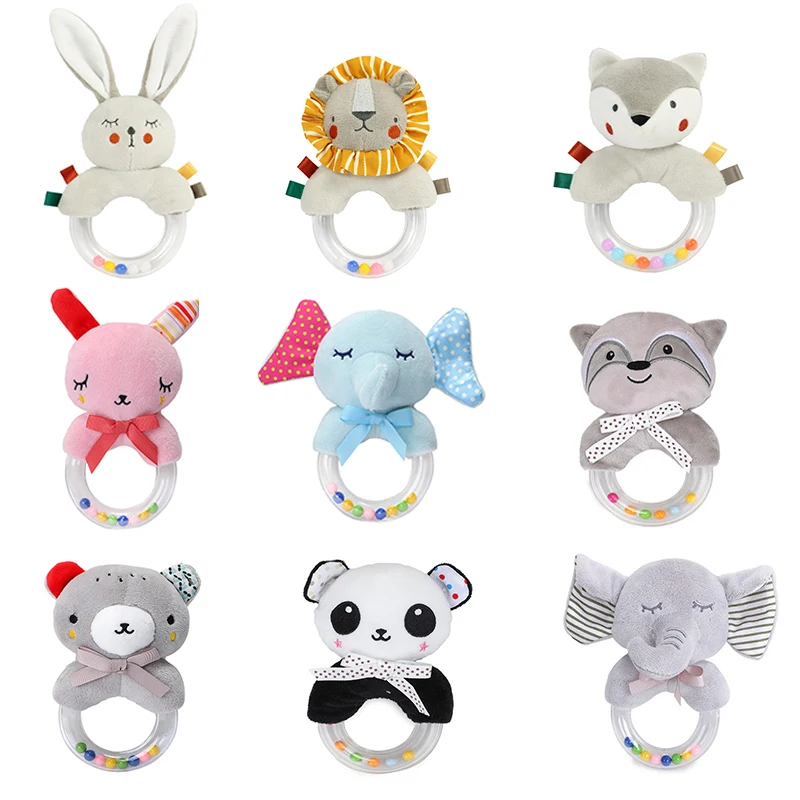 Baby Beruhigende Cartoon Tier Handkurbel Glocke Plüsch Puppe Farbe Perle Hand Glocke 0-1 Jahr Alt Grip handschlag Ring Spielzeug