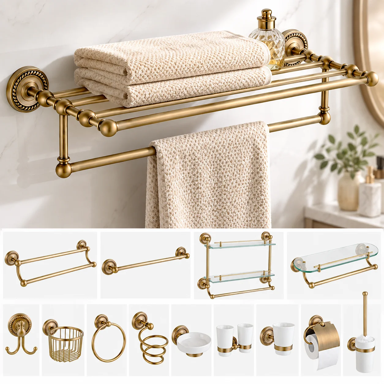 Luxury Copper Bathroom Accessories Set Vintage Wall Mounted Towel Rack Bar Toilet Paper Holder Soap Dish Robe Hook Hardware Set