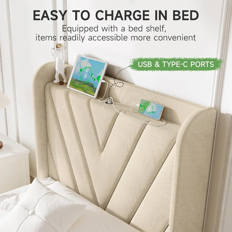 إطار سرير مزدوج الحجم مع لوح أمامي وإطار سرير منجد قابل للتعديل مع منافذ TypeCUSB للوح الأمامي للتخزين Wingback #3