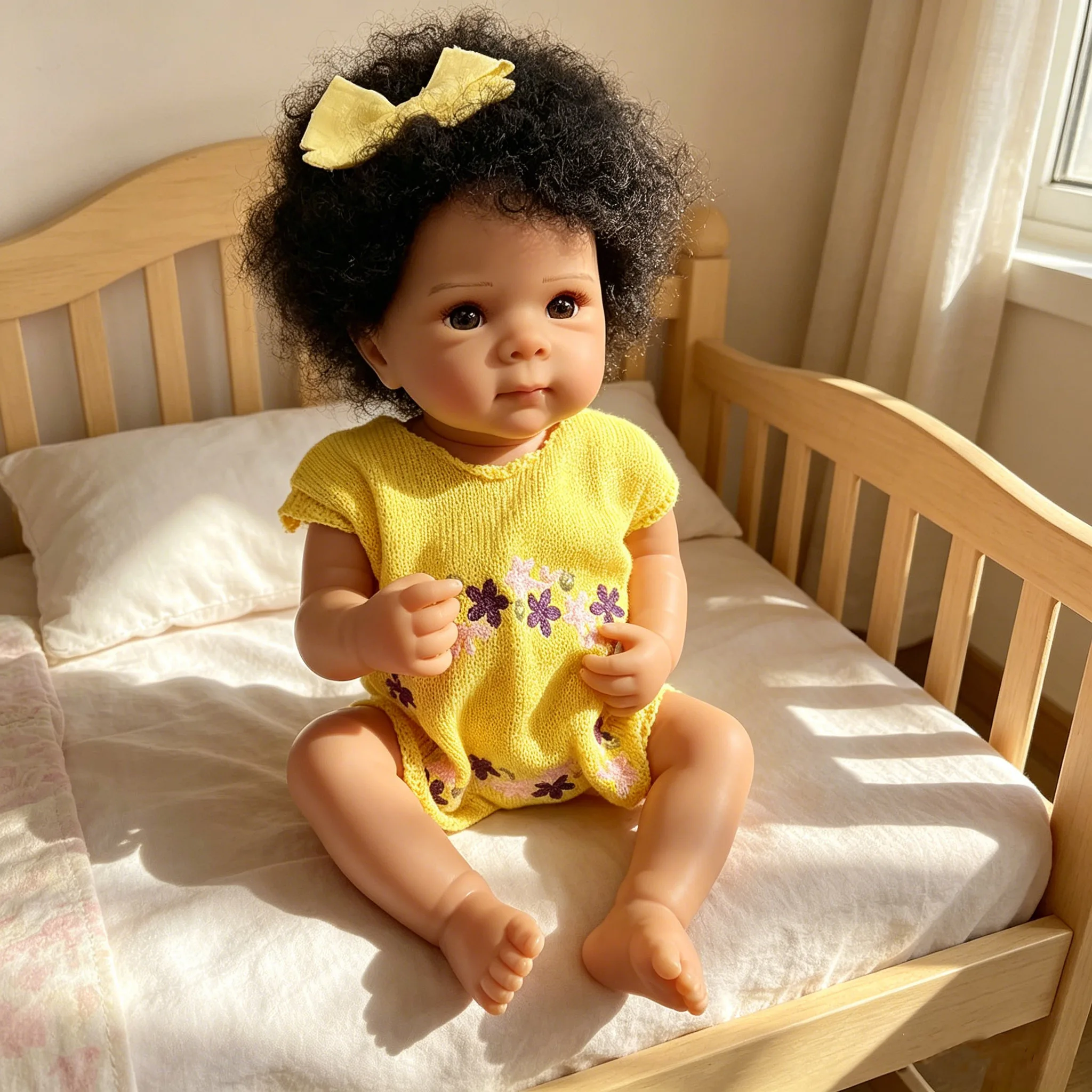 

19inch Reborn Doll Dark Skin Full Vinyl Body Bettie Lifelike Multiple Layers Painting Hand Rooted Curly Hair