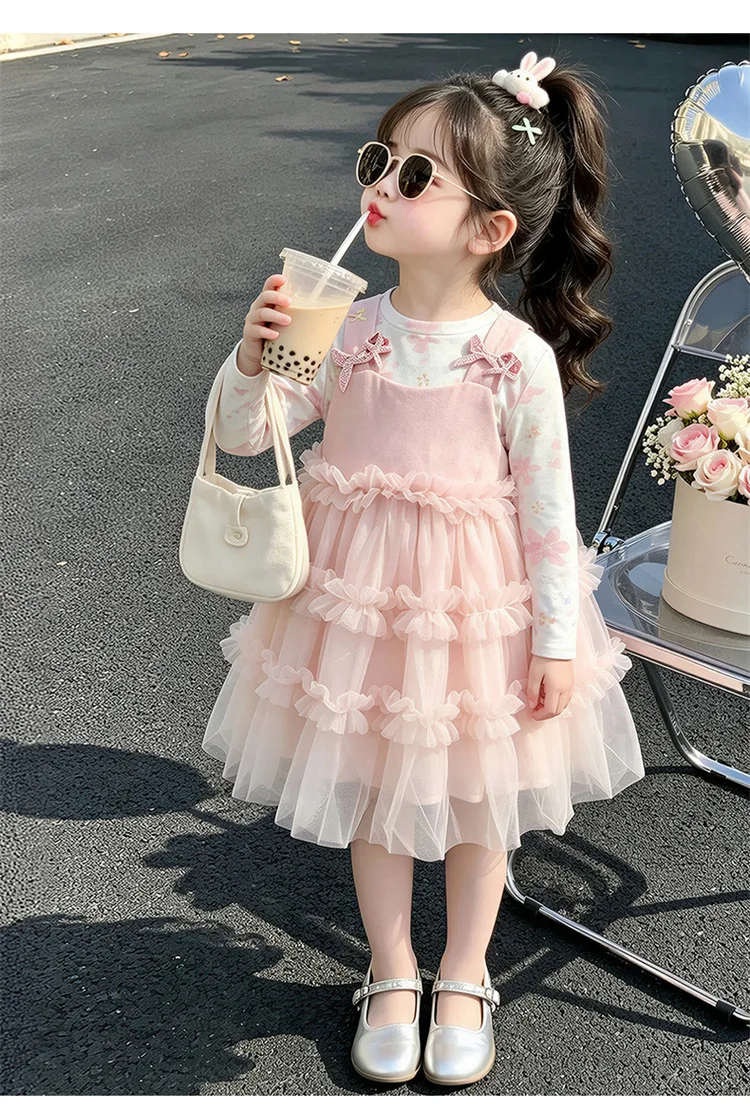 2026 New Baby Girls Fall Long Sleeve Sets, Blouse + Pink Vest Dress Princess Sweet Suits 2-7 T