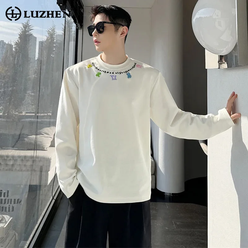 

LUZHEN Embroidery Sleeve 2025 Design Long Spring T-shirts Letter Men's Fashion Elegant Temperament Round Neck Casual Tops JY5507