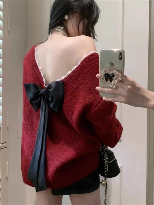 

Ladies' Loose Knitted Sweater with Knot Spring Outerwear Soft Cozy Overhead Knitted Top Ele Lazy Sle Faionable