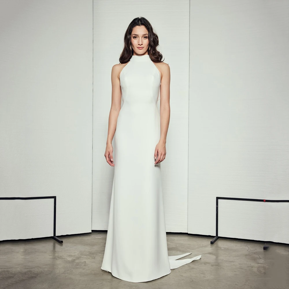 

Crepe Mermaid Wedding Dresses 2025 Halter Sleeveless Backless Simple Bridal Dresses Modern Wedding Party Dresses Customized