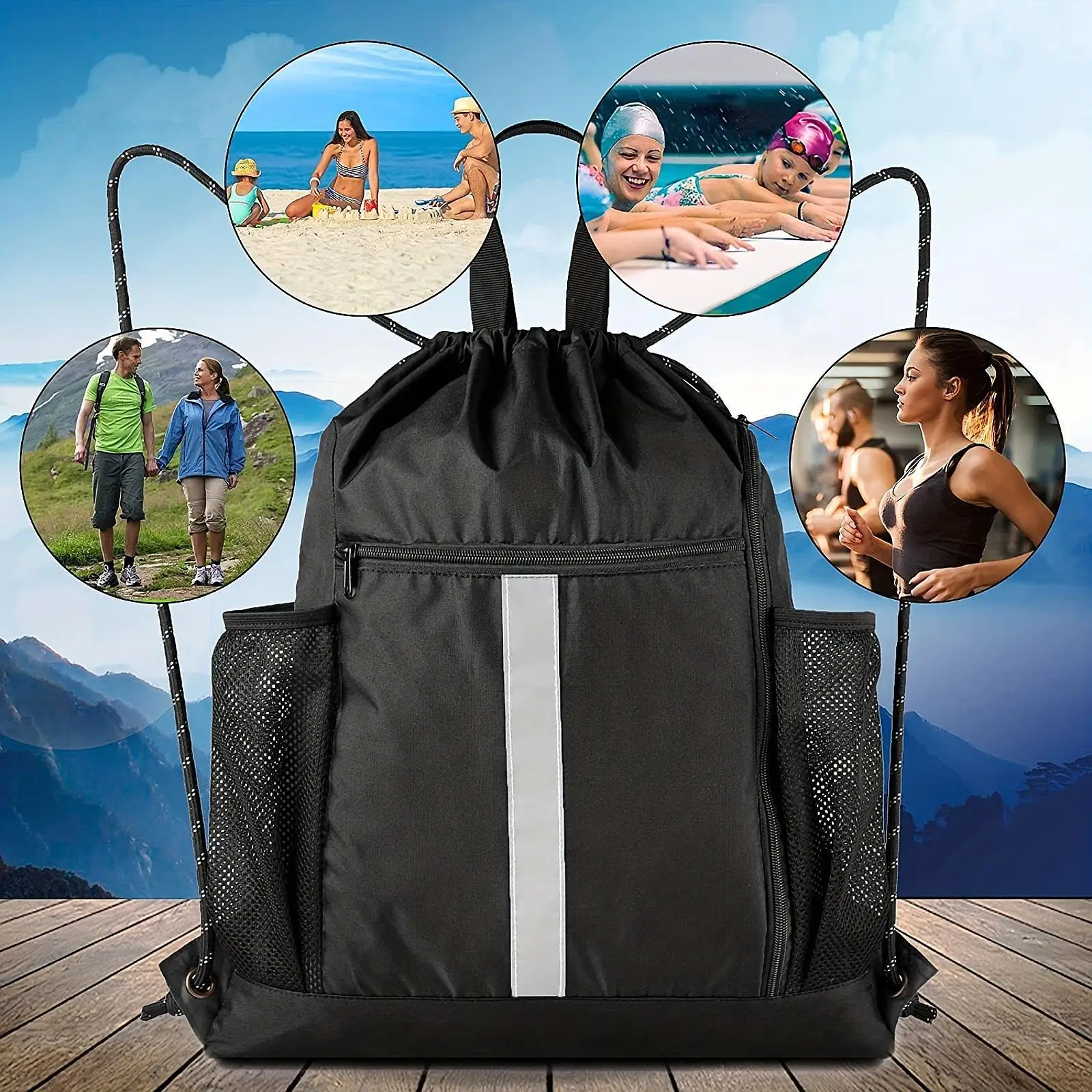 

Sports Gym Bag W/ Side Mesh Pockets Portable Water Resistant String Bag for Daily Use Camp Yoga Beach Swimming Travel Men Women
