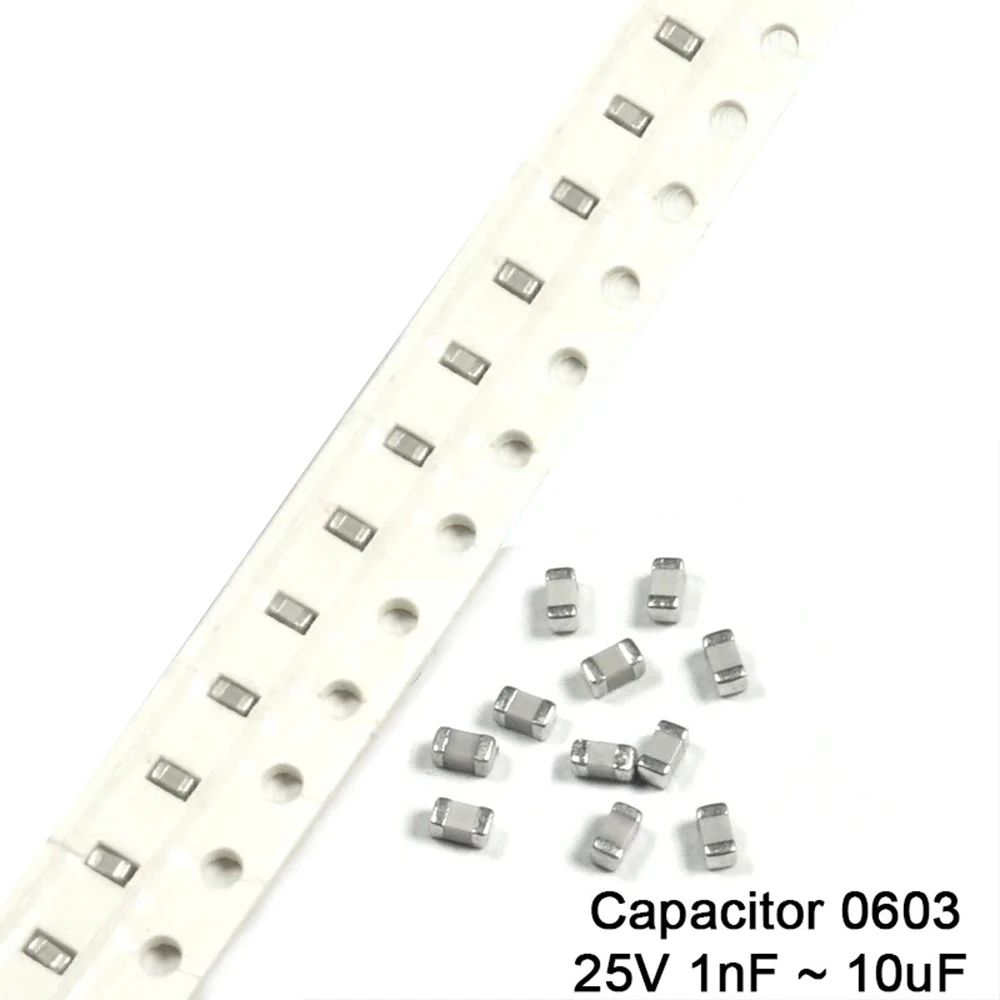 100Pcs/Lot 0603 25V SMD Chip Multilayer Ceramic Capacitor 1nF to 10uF 10nF 12nF 22nF 33nF 47nF 82nF 100nF 150nF 220nF 1uF 2.2uf