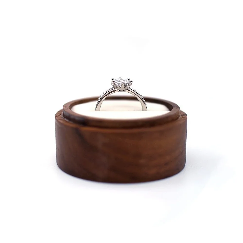 New Wooden Round Ring Box Transparent Cover Brown Engagement Ring Case Portable Wedding Rings Box Gifts