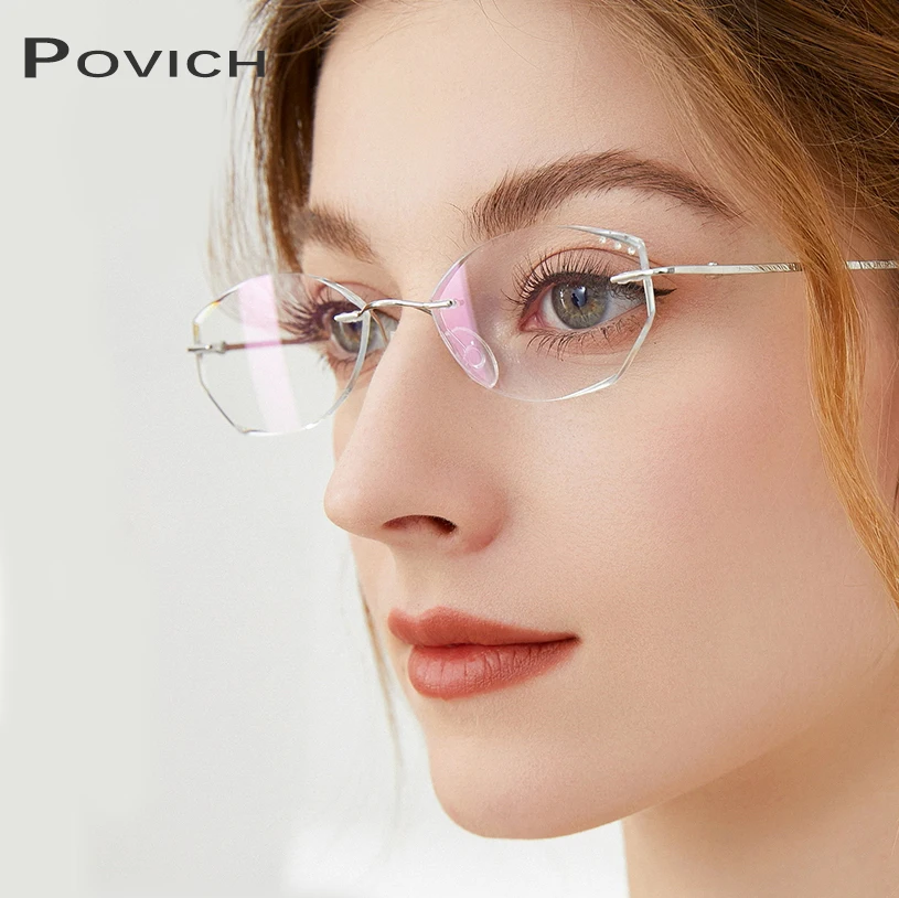 

POVICH Rimless Glasses Frame For Women Ultralight Eyewear Myopia Hyperopia Prescription Optics Clear Lens Anti Blue Light