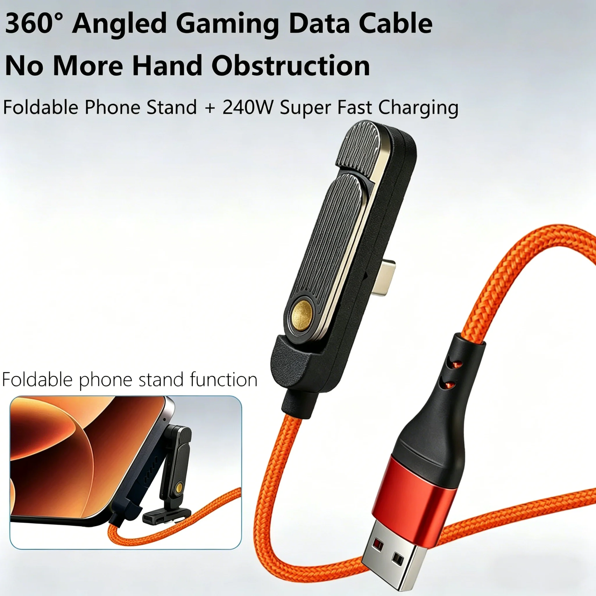 Suitable for iPhone/Samsung 240W Type-C elbow fast charging cable with folding mobile phone holder braided charging data cable