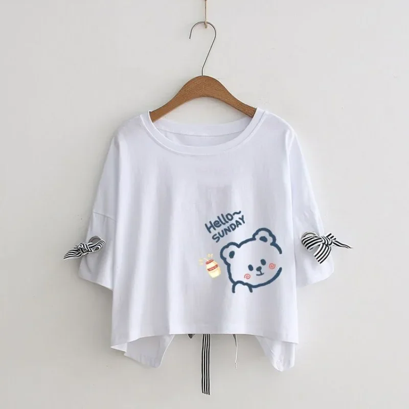 Y2k Clothes Streetwear Kawaii Tees O Neck Loose Casual Bandage Bowknot Design Sense Women T-shirts Cartoon Letter Print Crop Top