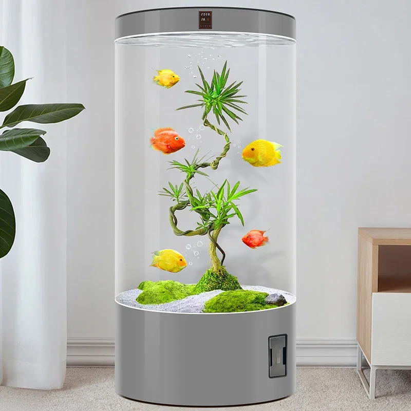 

cylindrical fish tank living room household floor medium and small vertical glass ecological water box