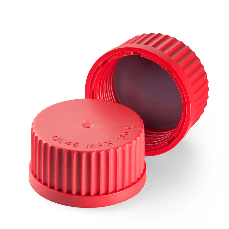 DURAN® High Temperature Screw Cap (PBT, red), with PTFE-coated, peroxide cured silicone cap liner