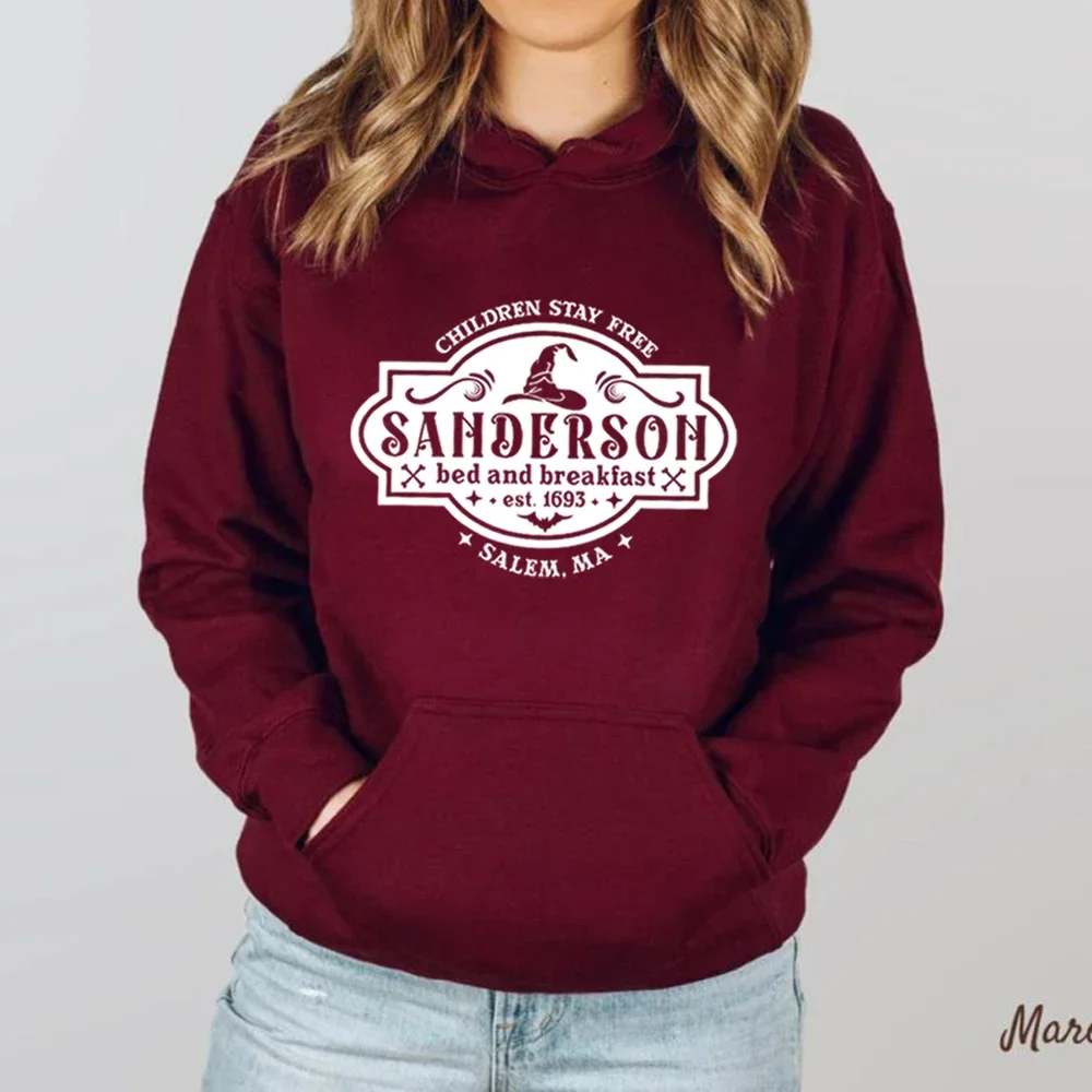 Sanderson Bed Breakfast Hoodies Retro Halloween Hooded Sweatshirt Women Long Sleeve Pullovers Sanderson Sisters Sweatershirt