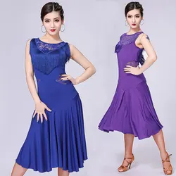 Vestidos de baile latino azul y negro para mujer, trajes de entrenamiento de baile de salón estándar, vestido de baile latino