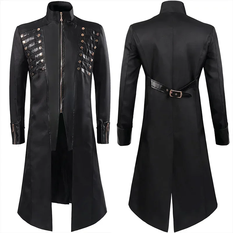 

2025Mens Retro Autumn Winter tailcoat Medieval Steampunk Gothic Vintage Leather Trench Coat Warrior Knight AssassinJacket