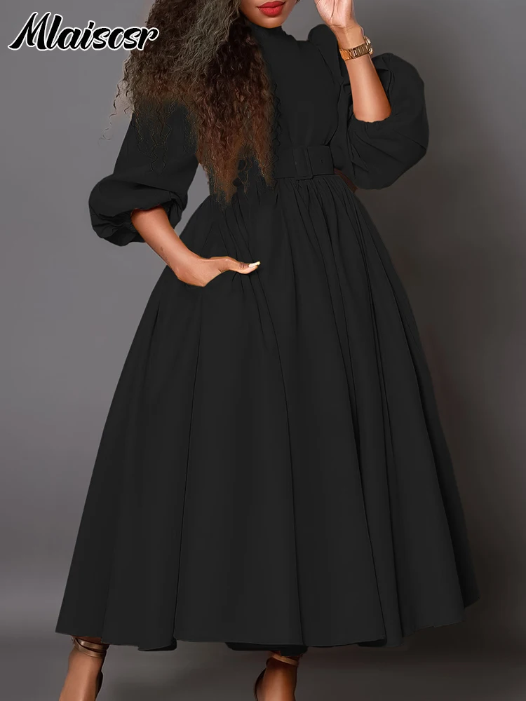 Mlaiscsr Elegant Evening Wedding Guest Party Yellow Pleated Dress Woman O Neck Long Sleeve Belt Waisted Birthday Dinner Vestidos
