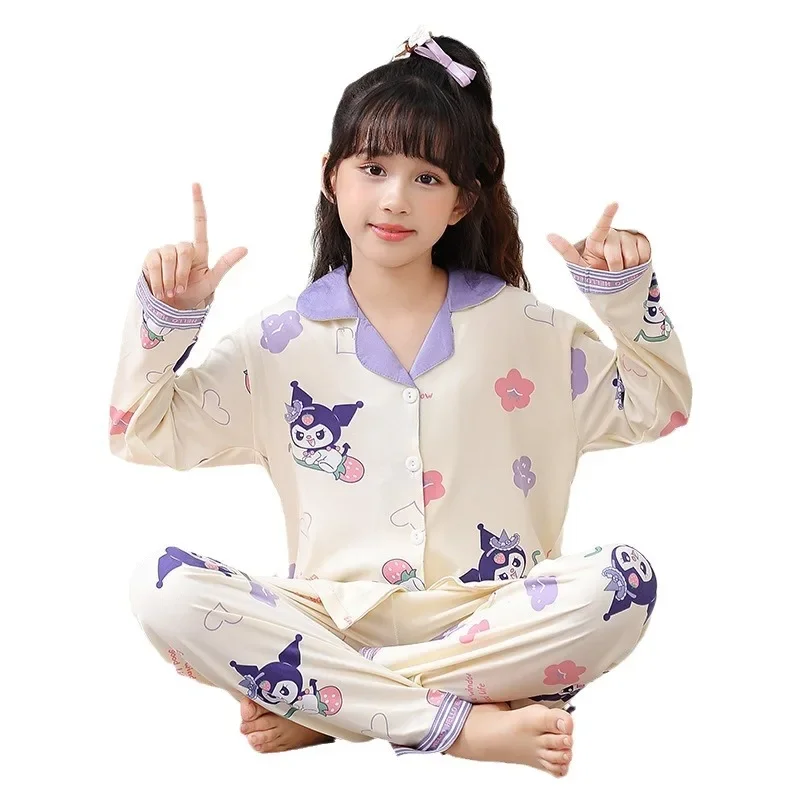 Sanrio Kulomi autumn new cotton long-sleeved trousers two-piece set children's women's pajamas children's loungewear set