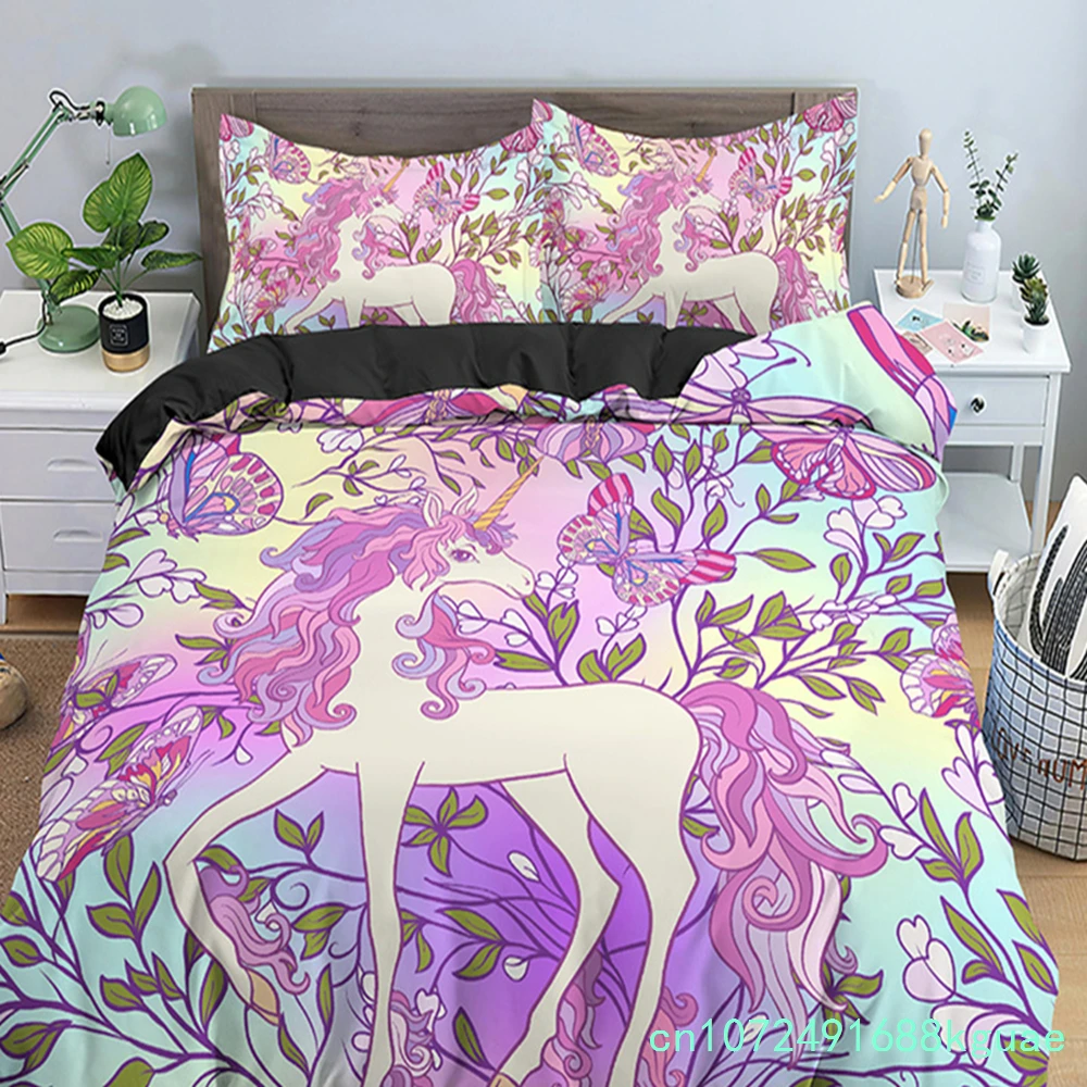 Girls Unicorn Flower Duvet Cover Cartoon Bedding Set Microfiber 3D Print Comforter Cover King Full For Kids Teen Bedroom Decor