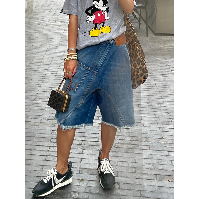 

PBAP Усы Асимметричные широкие джинсовые шорты Женские винтажные лоскутные мешковатые джинсы с низкой талией Jorts Летняя повседневная одежда