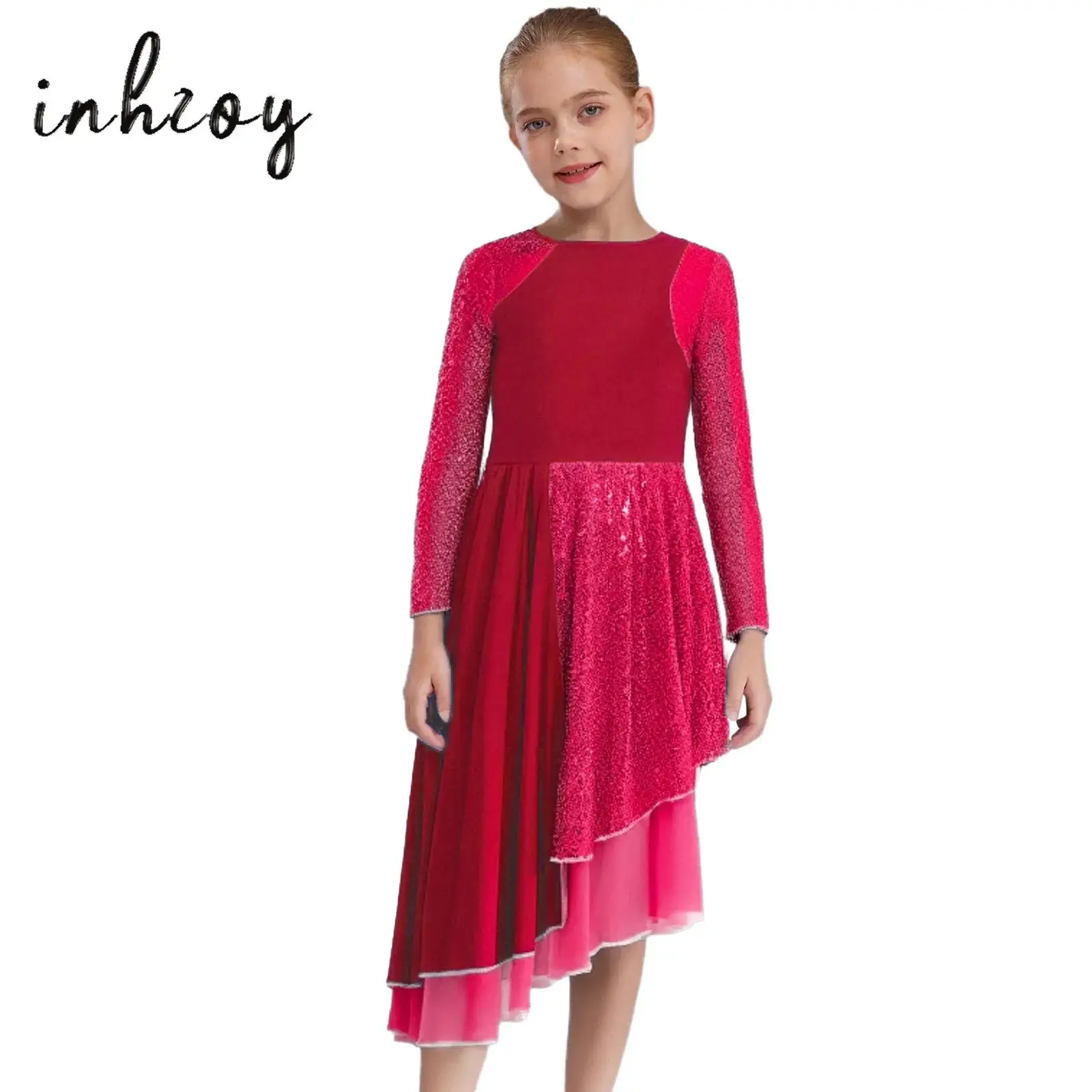 

Kids Girls Liturgical Praise Dance Dress Worship Robe Long Sleeve Sequins Color Block Asymmetrical Dress Lyrical Dance Costume