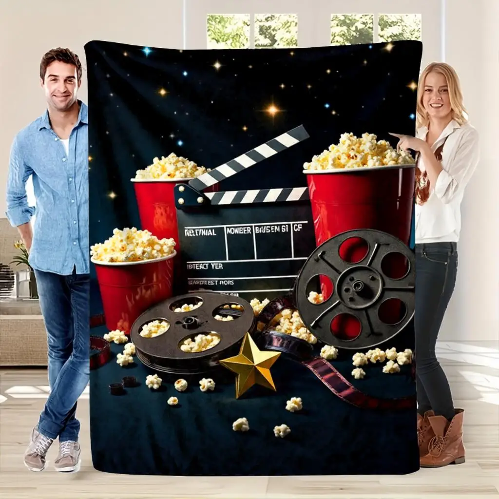 50x60 Plush Flannel Movie Night Throw Blanket - Heavyweight 280 GSM All-Season Soft Bedspread with Film, Clapperboard & Popcorn Design in BlackRedWhite - Machine Washable Cozy Couch Bed Cover for Home Theater Decor & M Blanket, Bed Blanket, Christmas