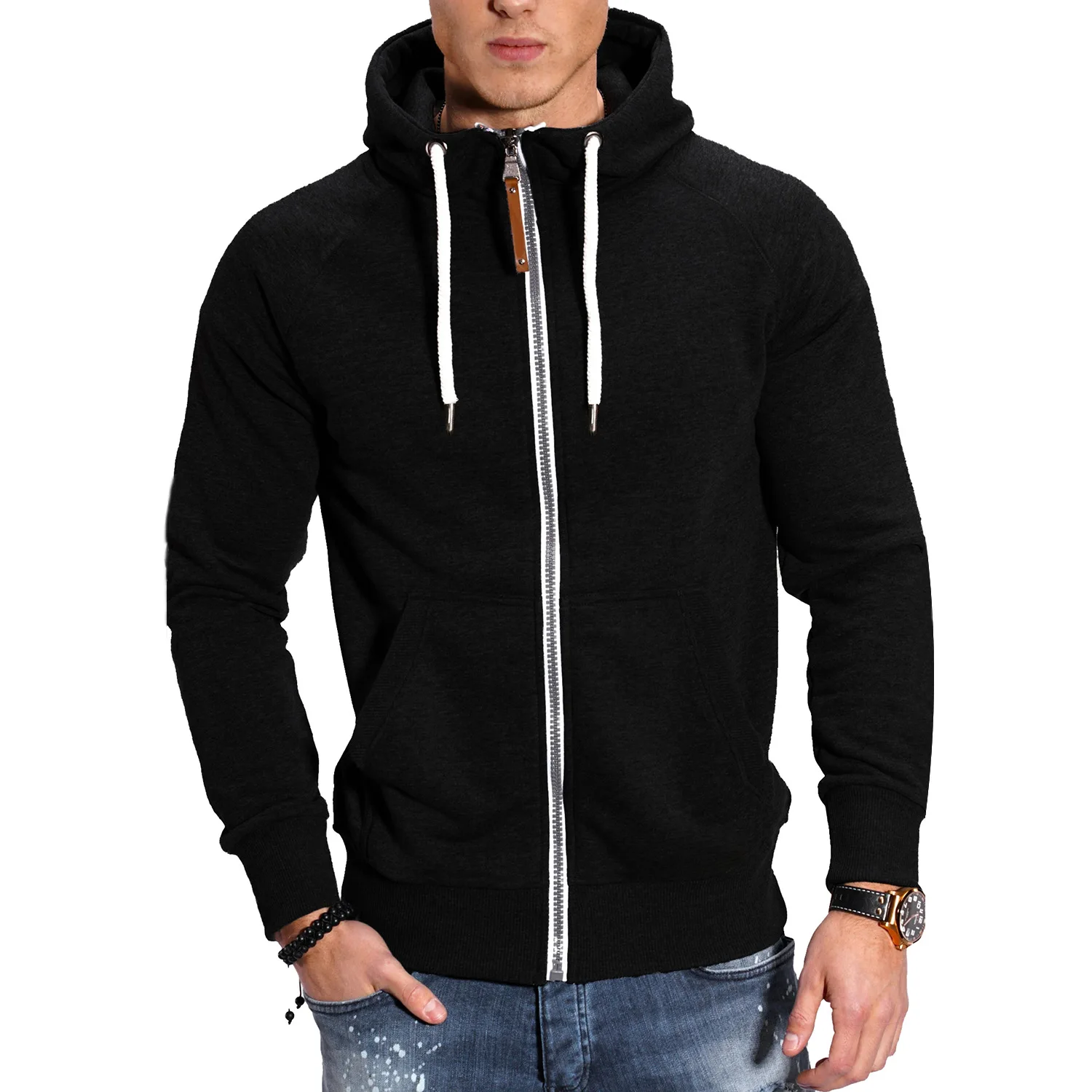 2024 New Men's Fashion Casual Hoodie Long Sleeve Sweatshirt Zipper Pullover High Collar Sweatshirt Top Coat Black Sweatshirt