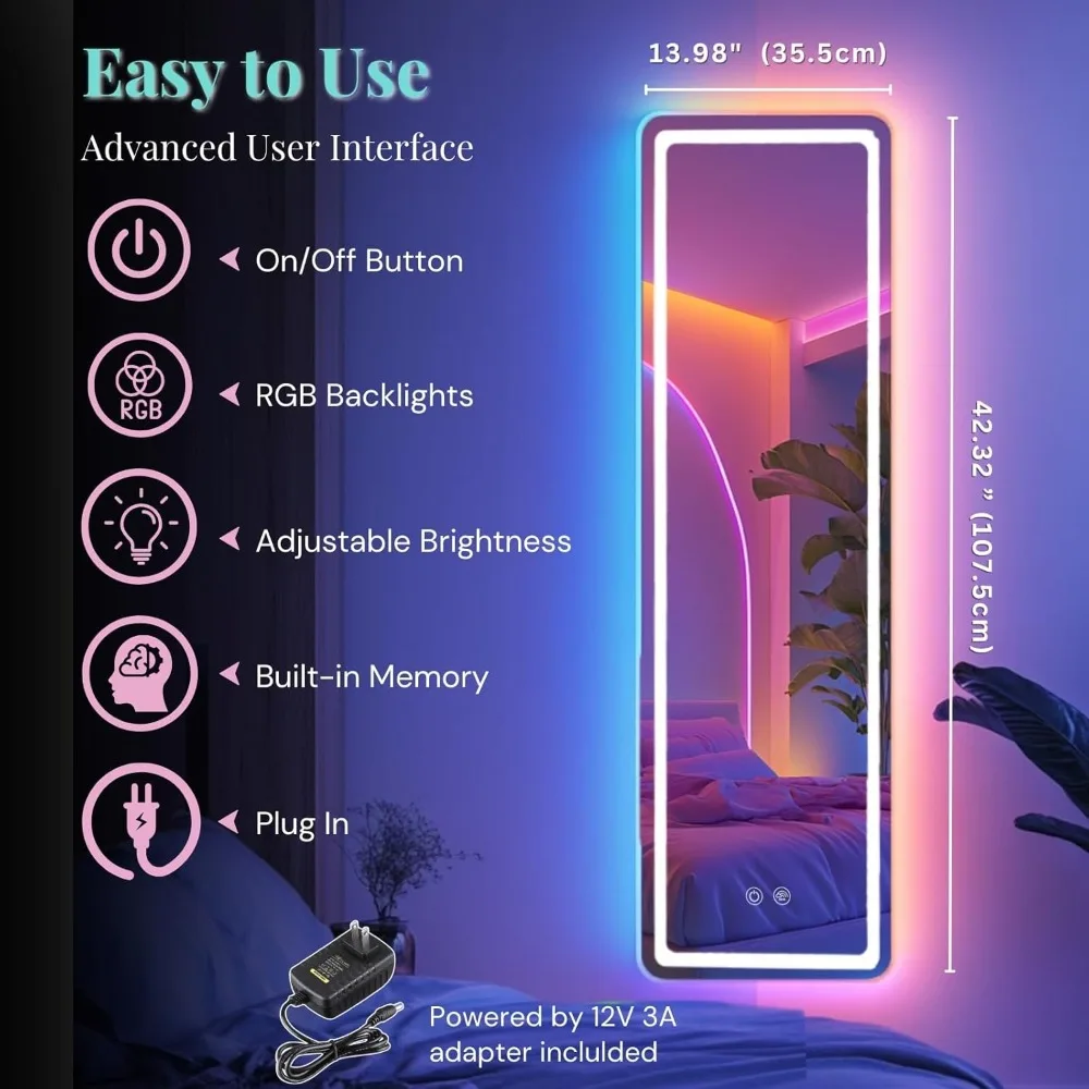 LED-verlichte spiegel over de volledige lengte, wandmontage, RGB dimbaar, slaapkamer, 42,32x14 inch, luxe meubilair