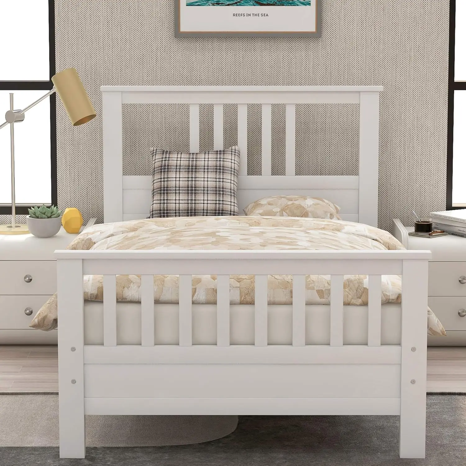 

Solid Wood White Twin Platform Bed for Kids, Twin Platform Bed Frame with Headboard/Footboard/Wood Slat Support,No Box Spring Ne