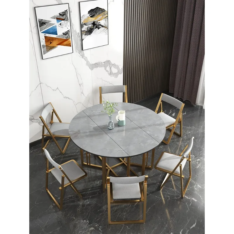 Circular rock plate folding dining table and chair combination, simple and modern small household storage, dining table