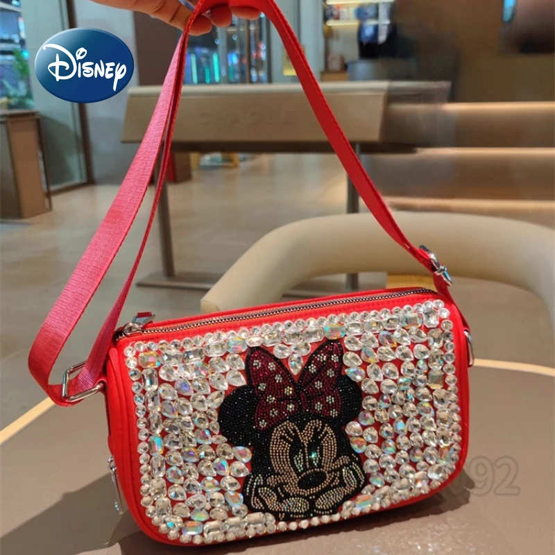 Disney Minnie's New Diamond-set Women's Shoulder Bag Fashionable Women's One-shoulder Crossbody Bag Cartoon Shiny Women's Bag