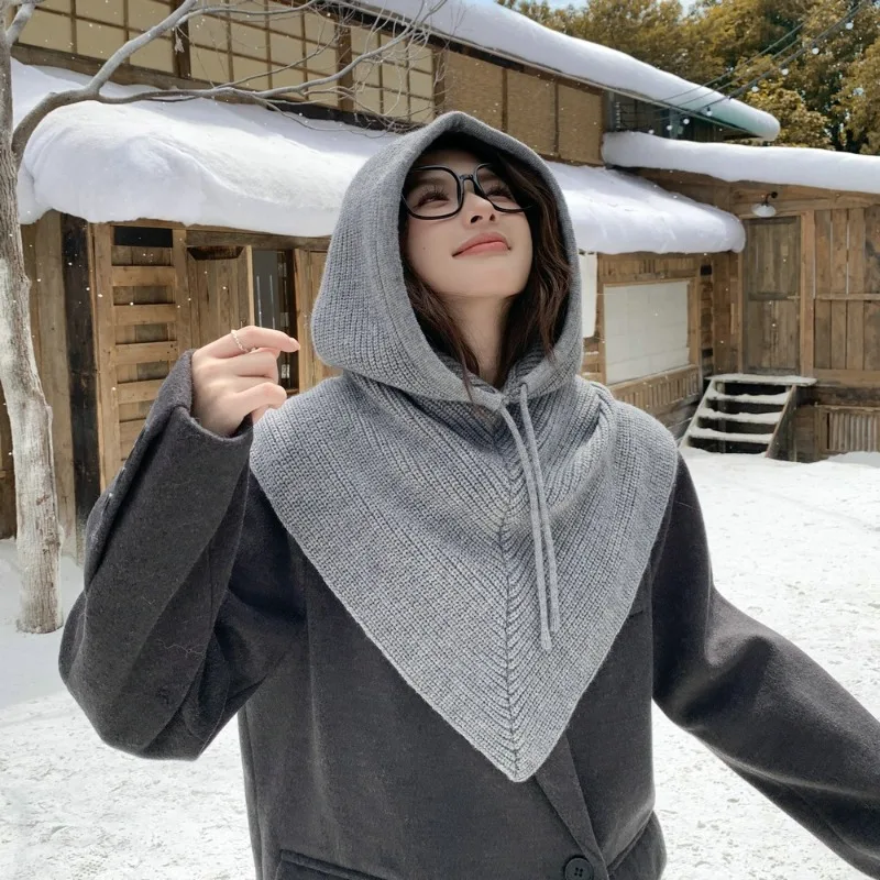 Women Knitted Hooded Scarf Integrated Hat Neck Warmer Drawstring Balaclava Hood Scarf Windproof Neck Cover for Cold‑Weather Wear