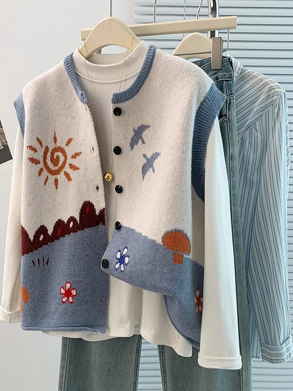 

Faionable Fun Floral Embroidery Loose Casual Svel Vest Cardigan Outerwear Versatile Age-Defng Autumn Winter New Arr...