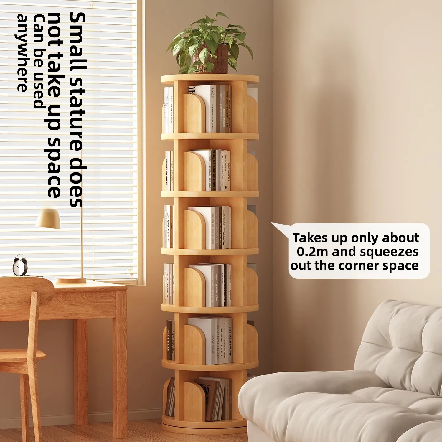 360 Degree Rotatable Solid Wood Bookshelf Simple Home Storage Rack Easy Assembly Living Room Bookcase for Household Use