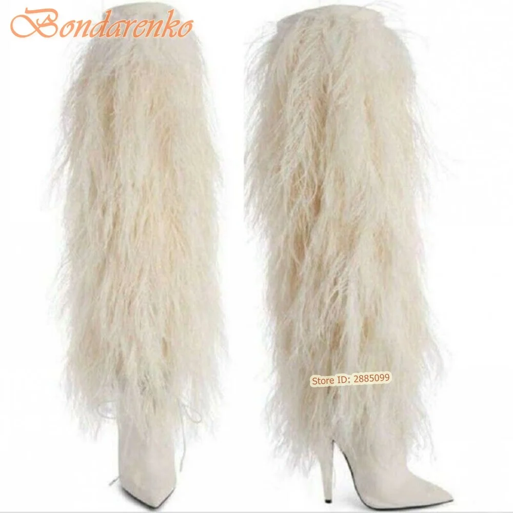 Fur Fringe Long Boots Pointed Toe Solid Thin High Heels Over The Knee Lace Up Women Sexy Shoes Winter Party Runway Designer Boot