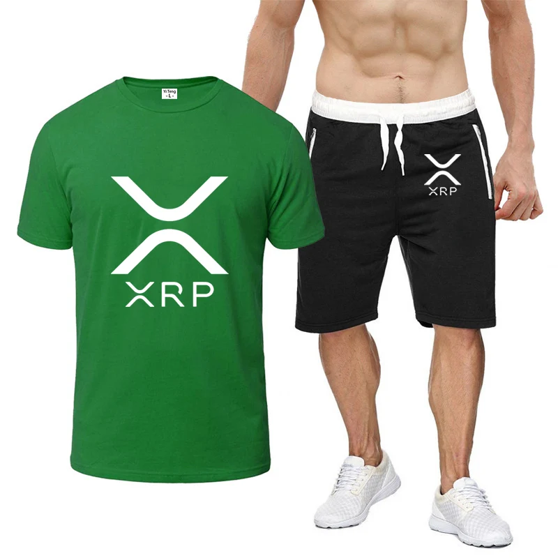 

2025 Summer Men's Cryptocurrency Ripple XRP Logo Printed Fashion Round Neck T-Shirt+Elastic Waist Sports Shorts Solid Color Sets