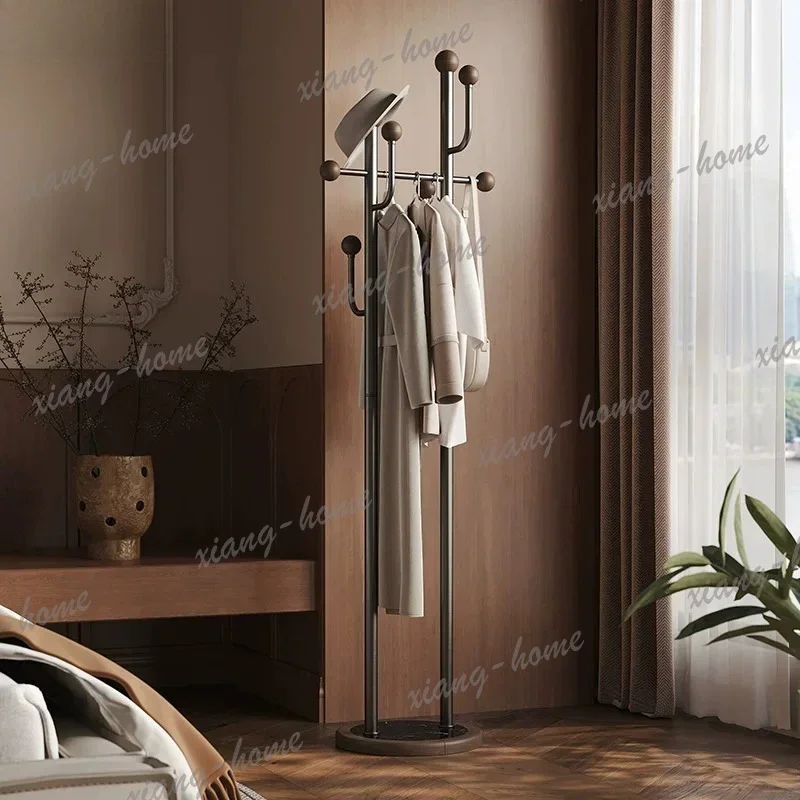LJY Mid-century Freestanding Coat Rack Stainless Steel & Solid Wood Vertical Garment Stand for Small Bedroom Entryway Storage De
