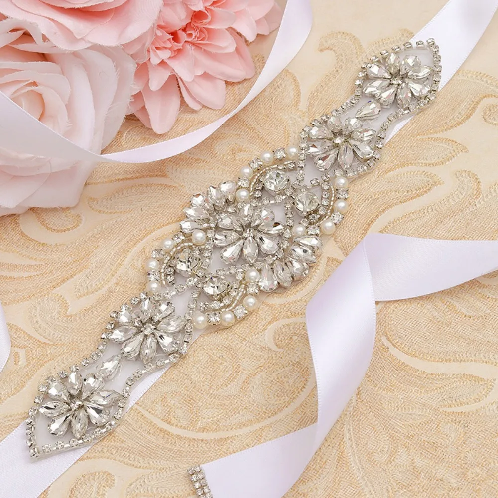 Cinturones de boda con apliques de diamantes de imitación hechos a mano para vestido Formal, 22 pulgadas de longitud con cinta de satén, fajas de novia, decoración de cosas para boda