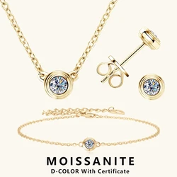Lnngy 3mm 0.1ct Moissanite Diamond Necklace Bracelet Stud Earring For Women Simple Single Stone Earrings Bracelets Jewelry Set