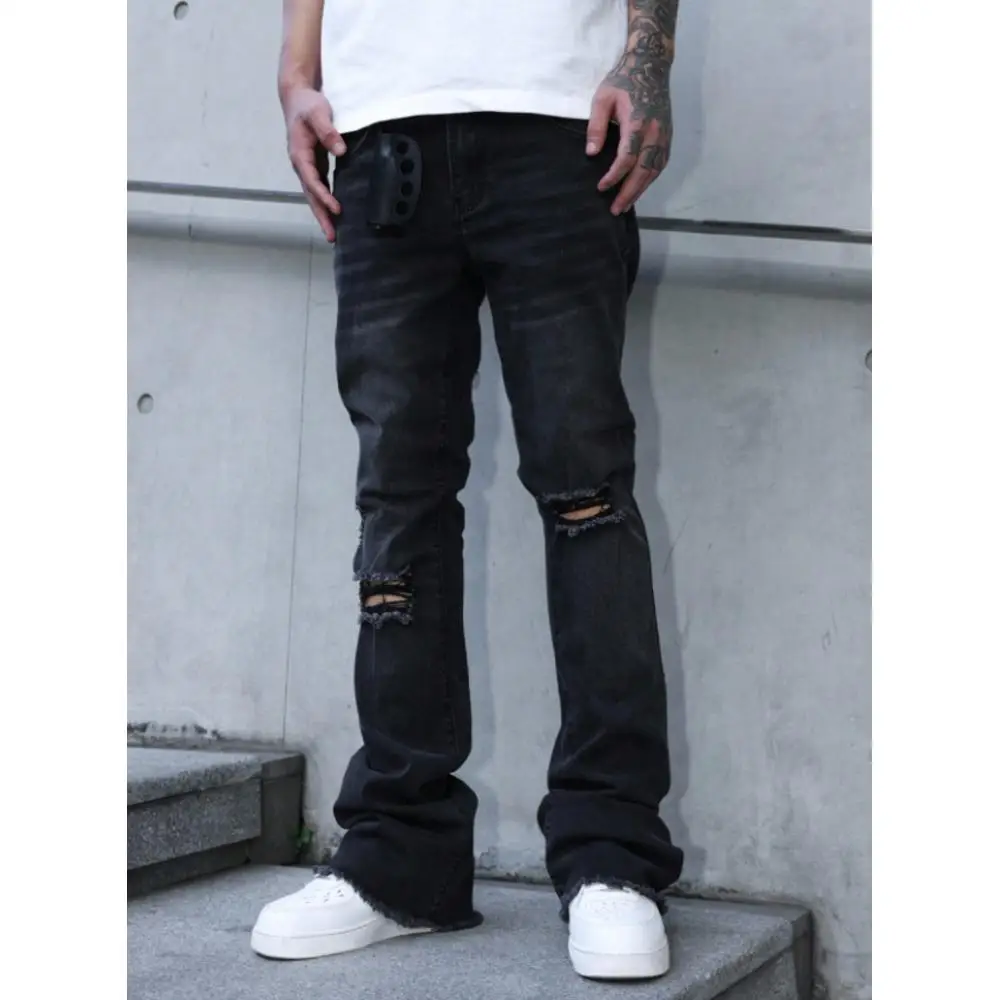 

Men's American-style vintage ripped knee jeans, high-street straight-leg pants, slight flare jeans, suitable for all seasons