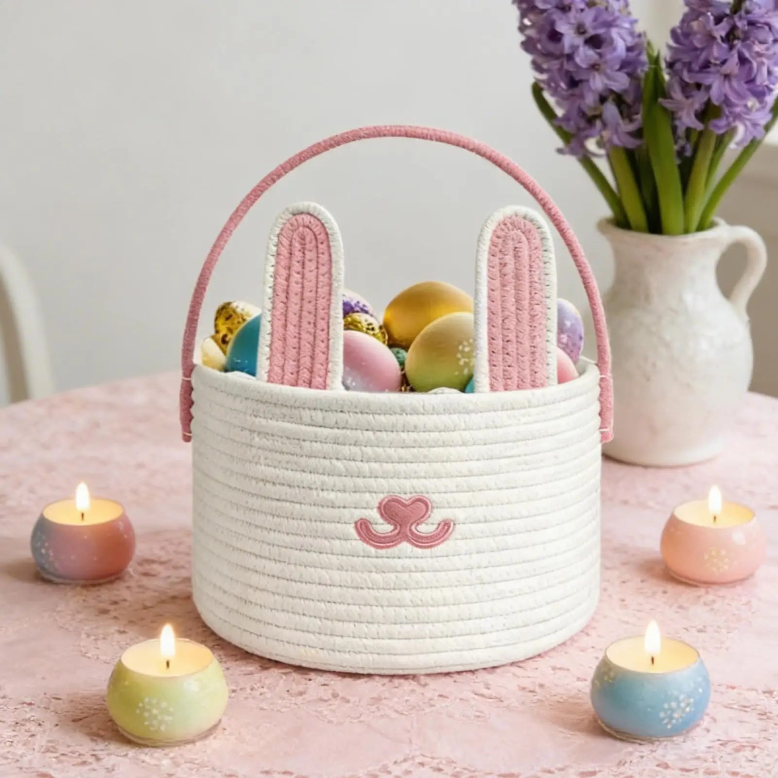 Easter Bunny Basket Bags Cotton Rope Egg Hunt Container Easter Bunny Baskets with Handle for Toys Snacks Party Holiday Birthday