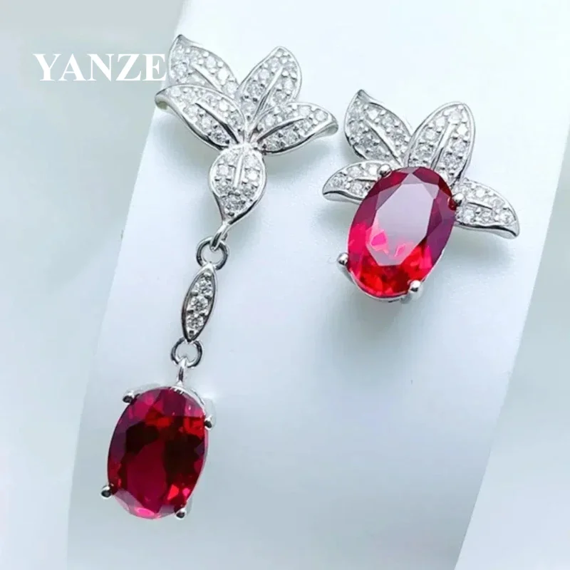 

Luxury Design S925 Silver Earrings With Ruby Red Gemstones 7*9mm Asymmetrical Drop for Women