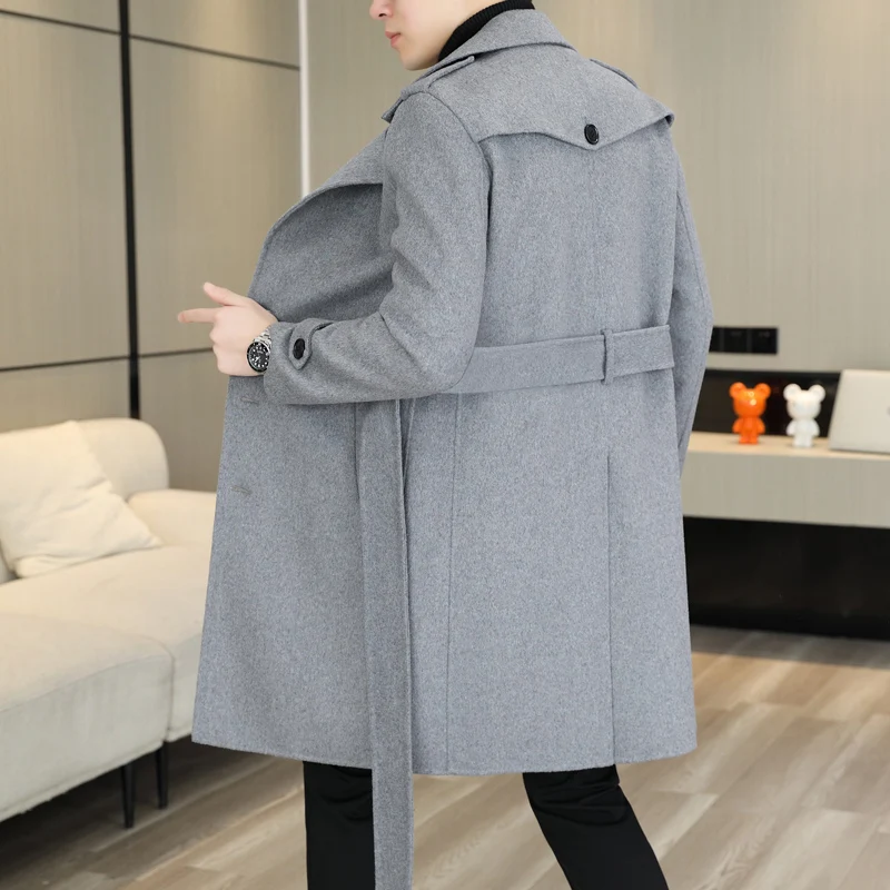 Men's Double-Sided Tweed Coat 70% Wool Cashmere-Lace up Mid-Length Trench Coat Autumn/Winter 2025 Fashion Wool/Polyester Blend