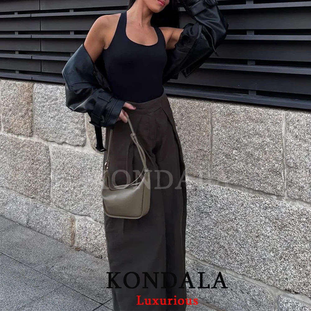 KONDALA Casual Chic Wide Leg Pants Women Office Lady Pockets Pleated Long Trous… - Image 2