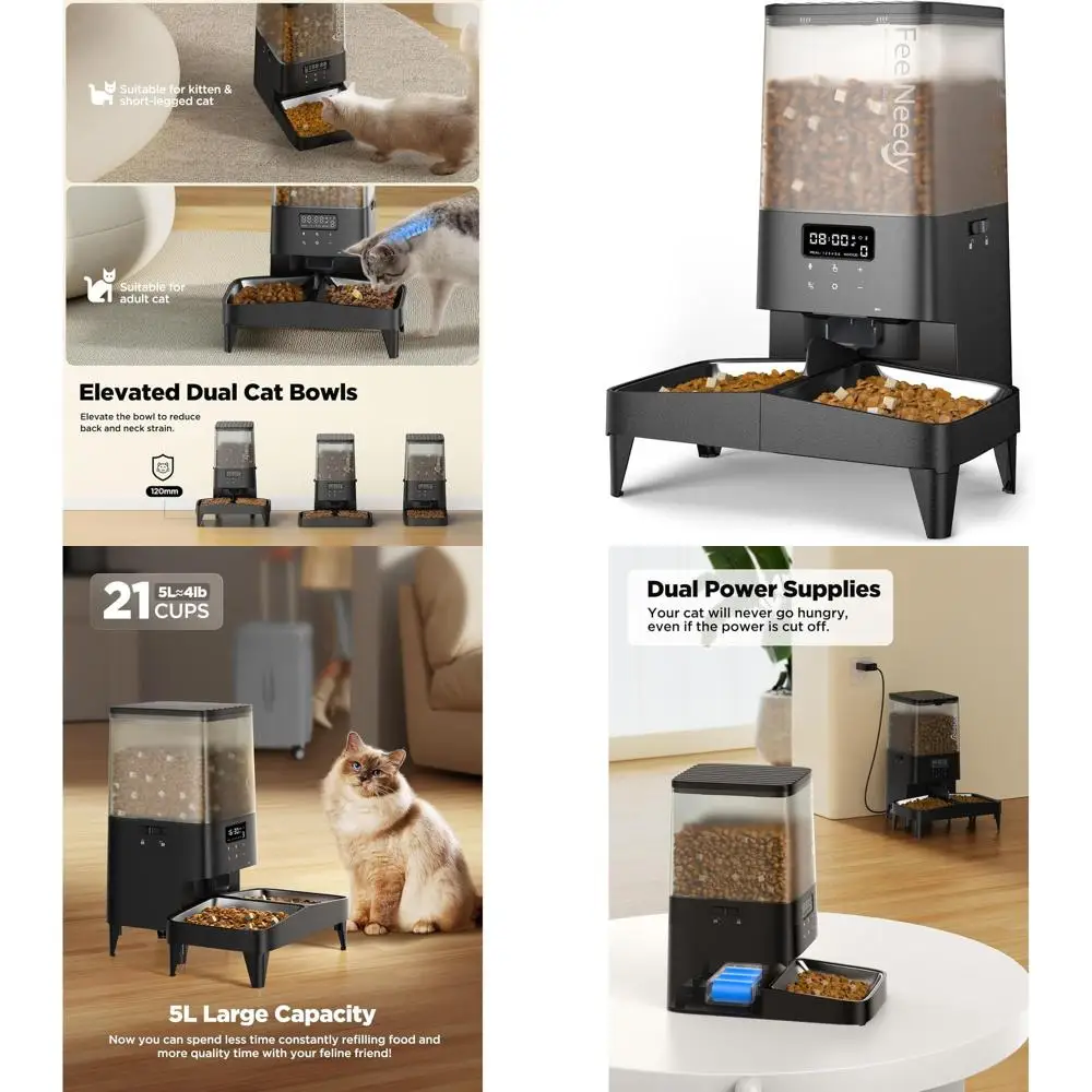 

Умная кормушка для домашних животных с 2 приподнятыми мисками, регулируемыми порциями, 10 временами кормления, 48 порциями для кошек и собак